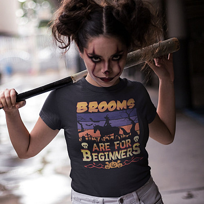 Alternative view of Brooms Are For Beginners Witch Riding Horse Vintage T-Shirt - V-Neck - Funny Witch Halloween Shirt