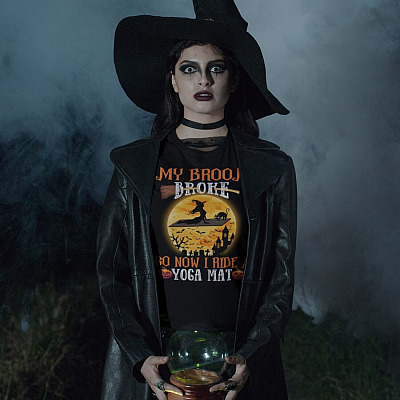 Alternative view of My Broom Broke So Now I Ride A Yoga Mat T-Shirt - V-Neck - Funny Witch Halloween Shirt