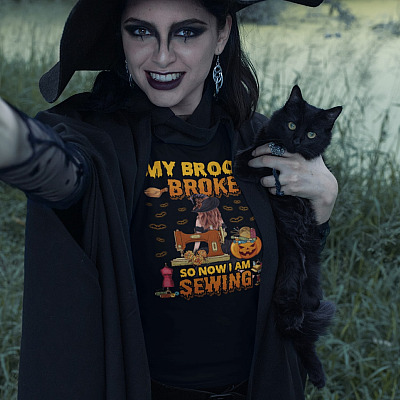 Alternative view of My Broom Broke So Now I Am Sewing Funny Witch T-Shirt - Sewing Halloween Shirt