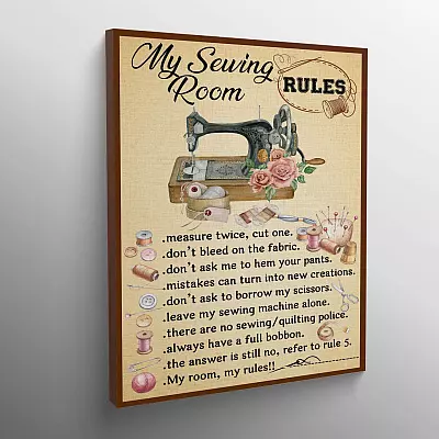 Alternative view of My Sewing Room Rules Measure Twice Cut One Don't Bleed On The Fabric Gallery Wrapped Framed Canvas Print - Poster