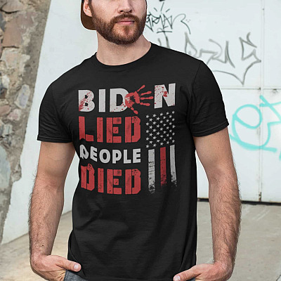 Alternative view of Biden Lied People Died Blood on His Hands T-Shirt - V-Neck Tee - Anti Biden Shirt