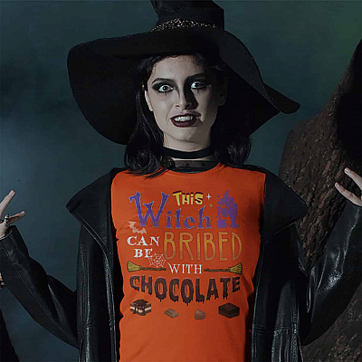 Alternative view of This Witch Can Be Bribed With Chocolate Halloween T-shirt - V-neck Tee - Funny Sarcastic Humor Witch Shirt
