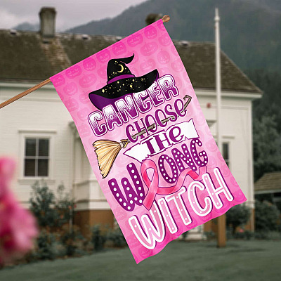 Breast Cancer Awareness Cancer Chose The Wrong Witch Halloween Garden House Flag - Halloween Pumpkin Breast Cancer Awareness Flag