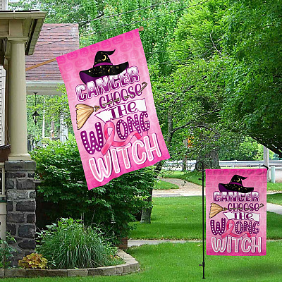 Alternative view of Breast Cancer Awareness Cancer Chose The Wrong Witch Halloween Garden House Flag - Halloween Pumpkin Breast Cancer Awareness Flag