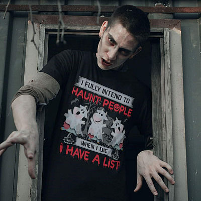 Alternative view of Funny Moo Boo Cows Halloween Meme Saying T-Shirt - I Fully Intend To Haunt People When I Die Halloween Shirt