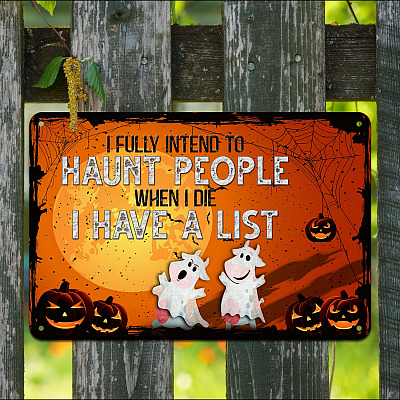 Alternative view of Funny Moo Boo Cows Halloween Meme Saying Metal Sign - I Fully Intend To Haunt People When I Die I Have A List Metal Sign Hanger