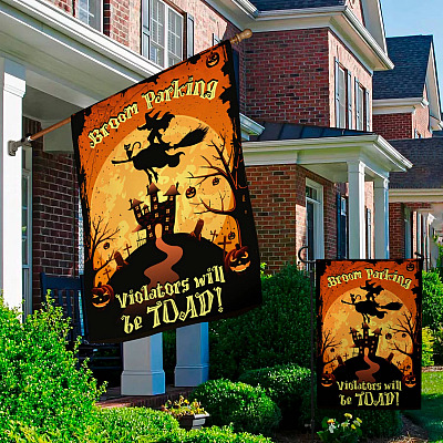 Alternative view of Halloween Witch Broom Parking Violators Will Be Toad Garden Flag - Funny Witches House Flag