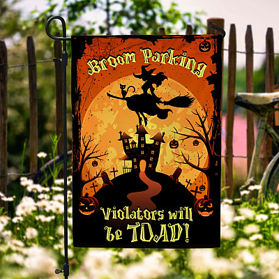Halloween Witch Broom Parking Violators Will Be Toad Garden Flag - Funny Witches House Flag