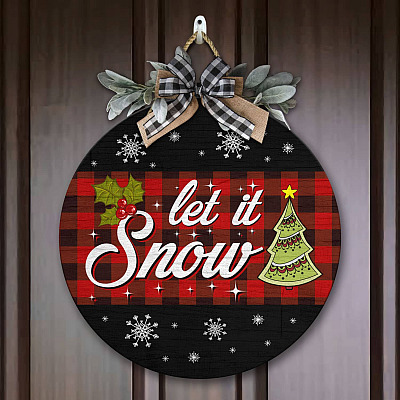 Let It Snow Christmas Decorations Outdoor Sign Decorative Circle Wooden Door Sign - Front Porch Sign Indoor Outdoor Decor