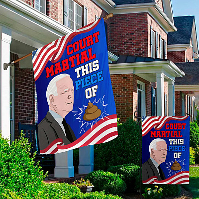 Alternative view of Funny Biden Court Martial This Piece Of Shit Garden Flag - Anti Biden House Flag - Wall Flag