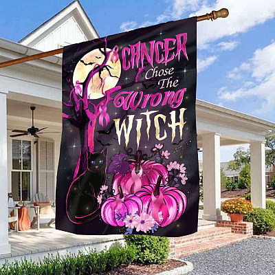 Cancer Chose The Wrong Witch Breast Cancer Halloween Outdoor House Flag - Breast Cancer Awareness Home Garden Flag