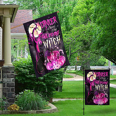 Alternative view of Cancer Chose The Wrong Witch Breast Cancer Halloween Outdoor House Flag - Breast Cancer Awareness Home Garden Flag