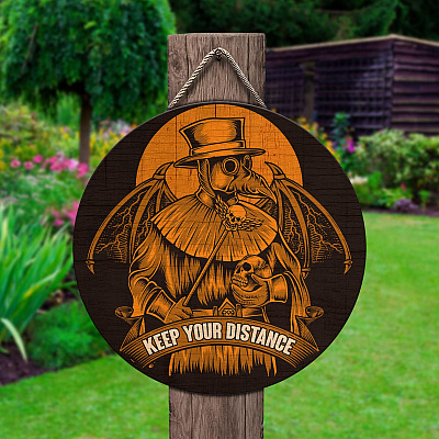 Vintage Plague Doctor Keep Your Distance Decorative Circle Wooden Door Sign - Front Porch Sign Indoor Outdoor Decor
