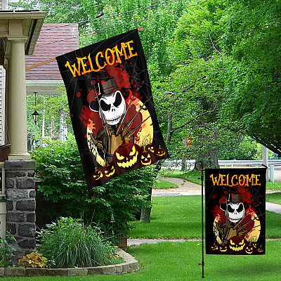 Alternative view of Horror Freddy Skelling-ton Face Saying Welcome Halloween Flag - Scary Freddie Jack Halloween Horror Movie Character Decorative Flag