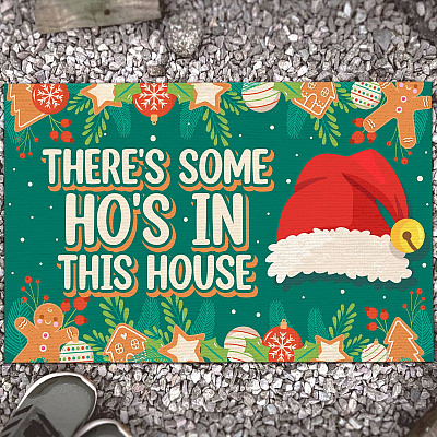 There's Some Ho's in This House Funny Christmas Decoration Santa Hat Entrance Indoor Outdoor Decorative Doormat