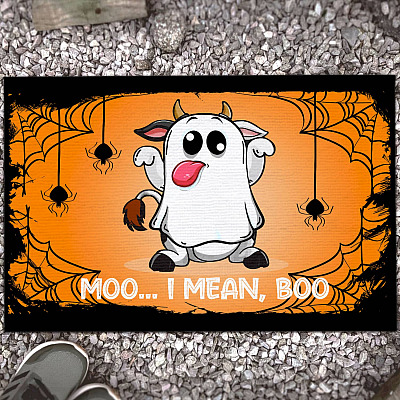 Moo I Mean Boo Funny Cow Ghost Halloween House Doormat - Cow Halloween Outdoor Indoor Doormat