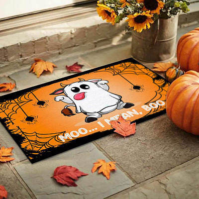 Alternative view of Moo I Mean Boo Funny Cow Ghost Halloween House Doormat - Cow Halloween Outdoor Indoor Doormat