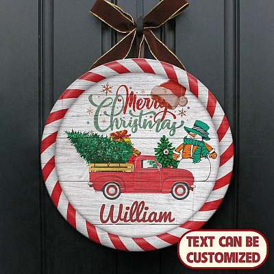 Personalized Christmas Signs Merry Christmas Door Hanger Decorative Circle Wooden Door Sign - Front Porch Sign