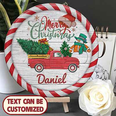 Alternative view of Personalized Christmas Signs Merry Christmas Door Hanger Decorative Circle Wooden Door Sign - Front Porch Sign