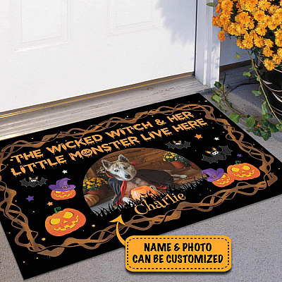 Custom Photo The Wicked Witch And Her Little Monster Live Here Dog Personalized Indoor Outdoor Door Mat