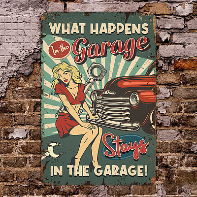 Alternative view of What Happens in the Garage Stays in the Garage Decorative Metal Sign - Metal Garage Signs