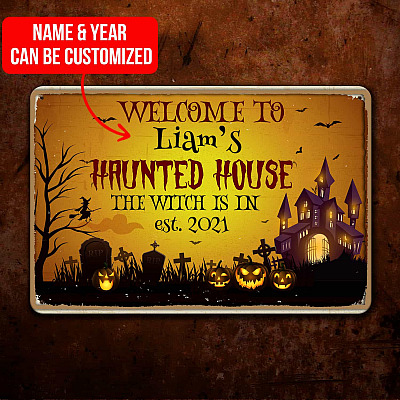 Alternative view of Personalized Names Welcome To Haunted House The Witch Is In Metal Sign - Custom Halloween Signs Decor