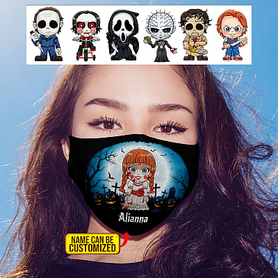 Halloween Chibi Horror Movie Character Face Mask - Personalized Name and Clipart Washable Reusable Custom Printed Cloth Face Mask Cover