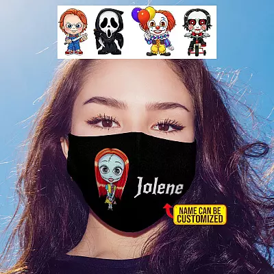 Halloween Chibi Horror Movie Character Face Mask - Customized Name and Clipart Washable Reusable Custom Printed Cloth Face Mask Cover