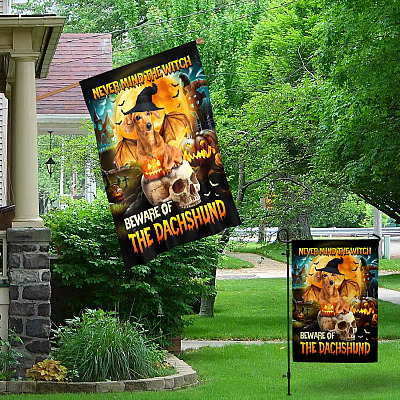 Alternative view of Never Mind The Witch Beware Of The Dachshund Outdoor House Flag - Dachshund Halloween Home Garden Flag