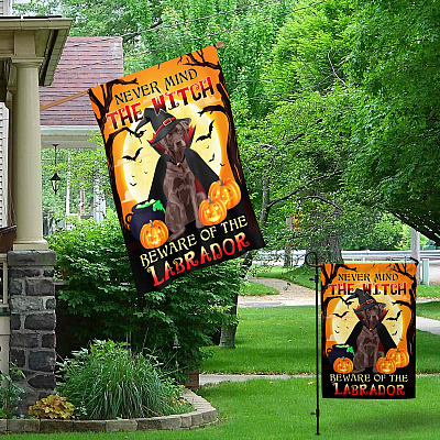 Alternative view of Never Mind The Witch Beware Of The Labrador Halloween Outdoor Indoor Garden Flag - House Flag - Wall Flag