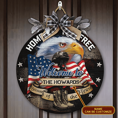 Personalized Last Name Home of the Free Because of the Brave Decorative Circle Wooden Door Sign - Front Porch Sign