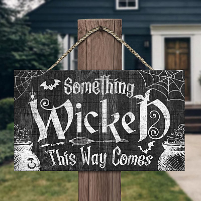 Alternative view of Something Wicked This Way Comes Creepy Halloween Rectangle Wooden Door Sign - Indoor Outdoor Front Porch Sign