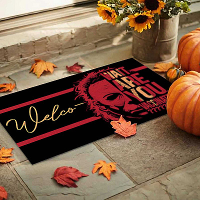 Alternative view of Michael Welcome Myers Wait Are You Vaccinated Halloween Entrance Doormat - Only Vaccinated Door Knocker Vaccine Warning Doormat