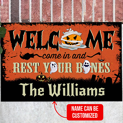 Alternative view of Personalized Name's House Welcome Rest Your Bones Ghost Boo Halloween Entrance Doormat - Funny Door Knocker Warning Halloween Door Mat