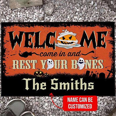 Personalized Name's House Welcome Rest Your Bones Ghost Boo Halloween Entrance Doormat - Funny Door Knocker Warning Halloween Door Mat