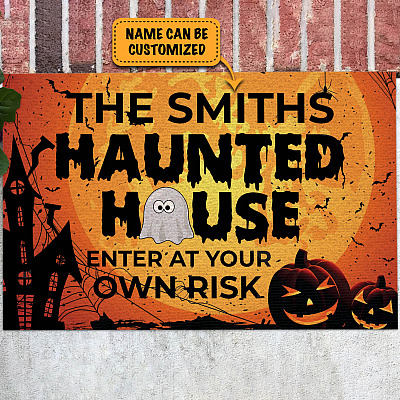 Alternative view of Personalized Name's Haunted House Halloween Enter At Your Own Risk Entrance Doormat - Funny Door Knocker Warning Halloween Door Mat