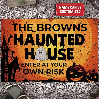 Personalized Name's Haunted House Halloween Enter At Your Own Risk Entrance Doormat - Funny Door Knocker Warning Halloween Door Mat