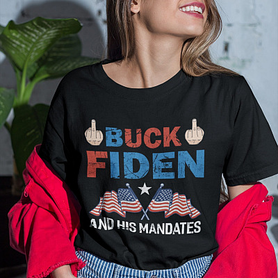 Alternative view of Middle Finger Buck Fiden and His Mandates American Flag T-Shirt - Funny Biden Political Shirt