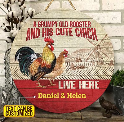 Alternative view of Farm Signs Personalized a Grumpy Old Rooster and His Cute Chick Live Here Circle Wooden Door Sign Front Porch Decor Farmhouse