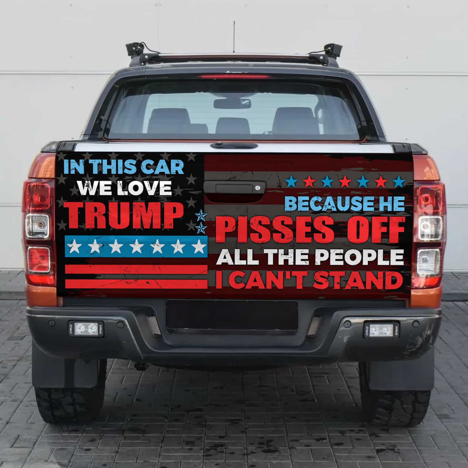 3VT. In This Car We Love Trump Tailgate Wrap Mockup 2