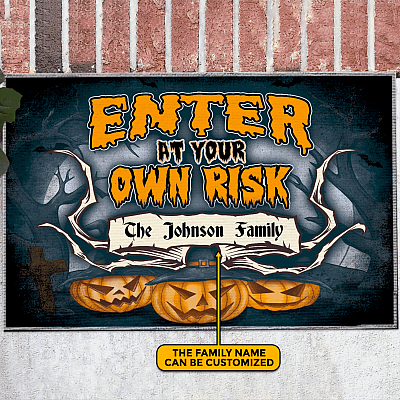 Custom Family Name Enter At Your Own Risk Funny Halloween House Doormat - Halloween Outdoor Indoor Doormat