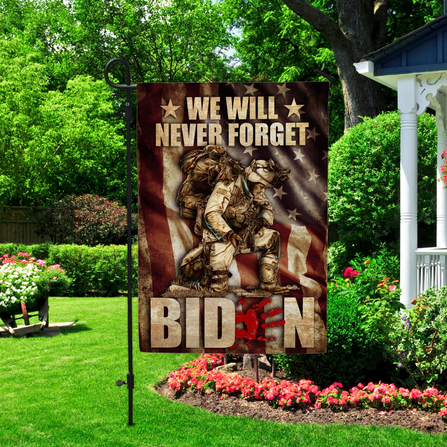 7NH. Uu tien. Never Forget Biden Garden Flag Mockup 2