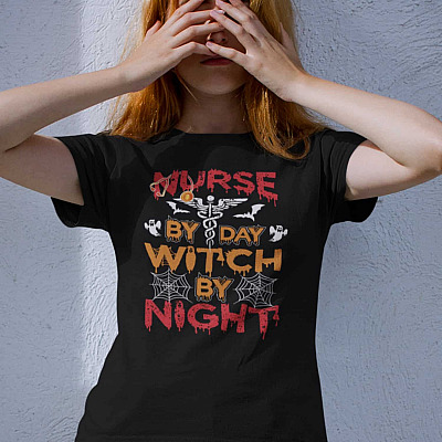 Alternative view of Nurse By Day Witch By Night T-Shirt - Nursing Halloween T-Shirt