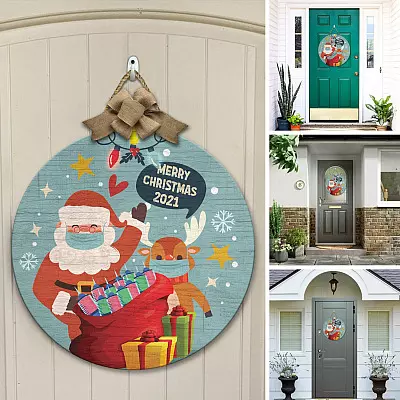 Alternative view of 2021 Christmas Ornament Vaccinated Santa Claus and Reindeer Pandemic Decorative Circle Wooden Door Sign - Christmas Vaccinated Sign
