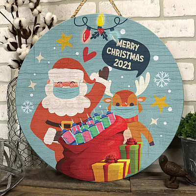 2021 Christmas Ornament Vaccinated Santa Claus and Reindeer Pandemic Decorative Circle Wooden Door Sign - Christmas Vaccinated Sign