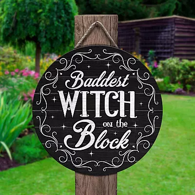 Alternative view of Baddest Witch On The Block Decorative Circle Wooden Door Sign - Funny Halloween Witch Sign