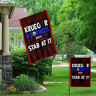 Alternative view of Vote Freddy Halloween Krueger Vooheers 2024 Election Decorative Flag - Scary Halloween Krueger Voorhees Let Us Take A Stab At It Flag