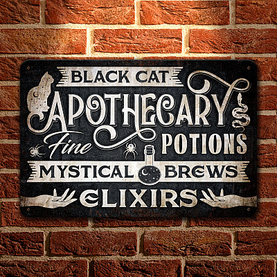 Black Cat Apothecary Potions Charms Mysterical Brews Elixirs Metal Sign - Halloween Witch Sign Decor