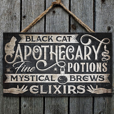 Black Cat Apothecary Potions Charms Mysterical Brews Elixirs Wooden Door Sign - Halloween Sign Indoor Outdoor Decor