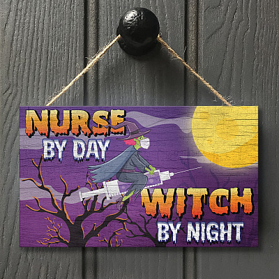 Alternative view of Halloween Nurse by Day Witch by Night Funny Decorative Rectangle Wooden Door Sign-Front Porch Sign Indoor Outdoor Decor